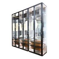 Armoire de chambre moderne modulaire personnalisée en bois, métal et verre avec portes coulissantes, 4-6 étagères, éclairage intégré, facile à nettoyer, montage au sol