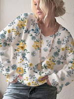 Pull en tricot à imprimé floral pour femme, col en V, manches longues, style vintage, motif rose, pull blanc en tricot