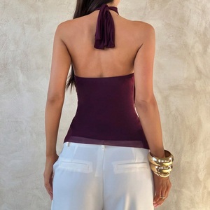 OEM ODM Custom <b>Women</b> Halter Neck Ruffle Sheer <b>Mesh</b> Chiffon Blouse Sleeveless Backless Evening Club Party <b>Tops</b> - Product Image 3