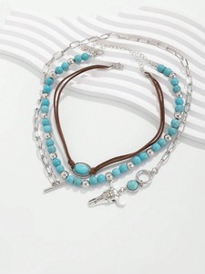 <span class=keywords><strong>ROMWE</strong></span> Fairycore 3 ชิ้น ชุดสร้อยคอลูกปัดสีเทอร์ควอยซ์สไตล์โบฮีเมียนตะวันตกที่ทันสมัยพร้อมการตกแต่งหัววัว - Product Image 2