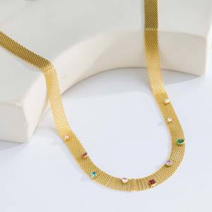 Collier ras du cou en maille d'acier inoxydable plaqué or 18 carats avec zircon - Design vintage multicolore pour femme, 37 cm, polyvalent, mode, soirée - Product Image 4
