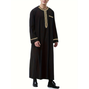 Hombres Thobe Thawb Caftan Cuello redondo Botón hecho a mano Thobe Color sólido Poliéster Algodón Musulmán Hombres Thobe - Product Image 2