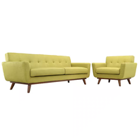 Mid-Century Modern Sofa- und Sessel-Set Beige Leinen Gepolsterte Rückenlehne 3-Sitzer-Couch mit Walnussholzbeinen Wohnzimmer