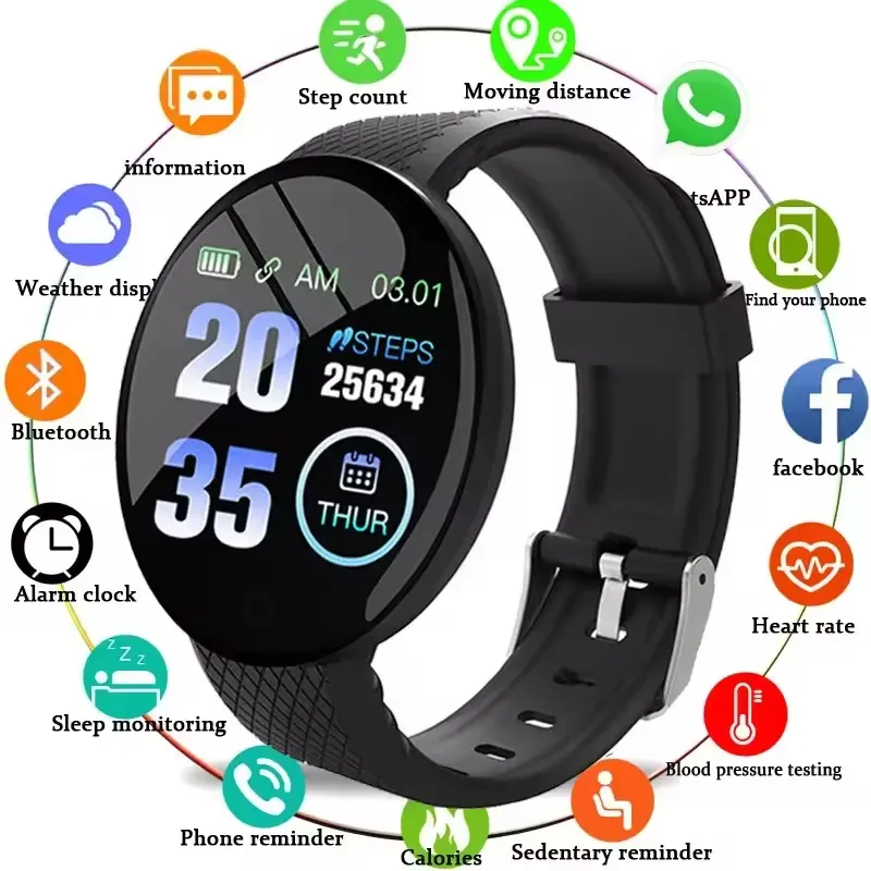 D18 Smart Watch Mannen Vrouwen Smartwatch Digitale Horloges Sport Fitness Tracker Horloge Bloeddruk Waterdicht Shenzhen Rubber Oled