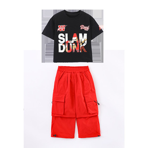 Traje de <span class=keywords><strong>Baile</strong></span> Hip Hop para Niños, Camiseta Negra con Estampado Slam Dunk, Pantalones Cargo Rojos Holgados, Ropa para Actuaciones en Escenario - Product Image 6