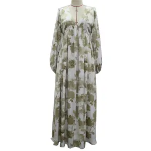 2024 럭셔리 여성의 여름 해변 보헤미안 드레스 풍선 슬리브 프린트 꽃 컷 아웃 쉬폰 맥시 원피스