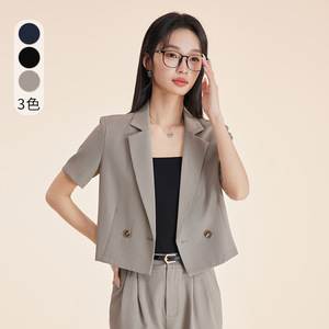 Navy Blue Short Blazer Women Summer Lightweight Breathable Solid Color Polyester Suit Set 2025 New Professional Style - Product Image 4