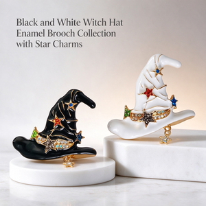 Colección de Broches Esmaltados Personalizados de Sombrero de Bruja Blanco y Negro con Pedrería de Estrella y Emblema Dorado para Ropa - Product Image 1