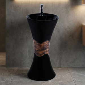 Ensemble de lavabo sur pied en céramique noir au design moderne, pour usage hospitalier, lavabo rond monobloc - Product Image 4
