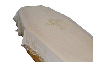 Customed Mesh europeo copertura bara panno pompe <span class=keywords><strong>funebri</strong></span> forniture cadavere copertura ricamo copricapo in tessuto cofanetto - Product Image 5