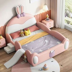 Pink Cartoon Rabbit Princess <b>Slide</b> <b>Bed</b> Solid Wood Frame Cotton Upholstery Guardrail Fun <b>Slide</b> Kids Bedroom - Product Image 5