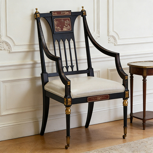 Poltrona Singola Vintage in Legno Massello con Dettagli Chinoiserie e Design Neoclassico, Cornice in Lacca Nera per Soggiorno - Product Image 1