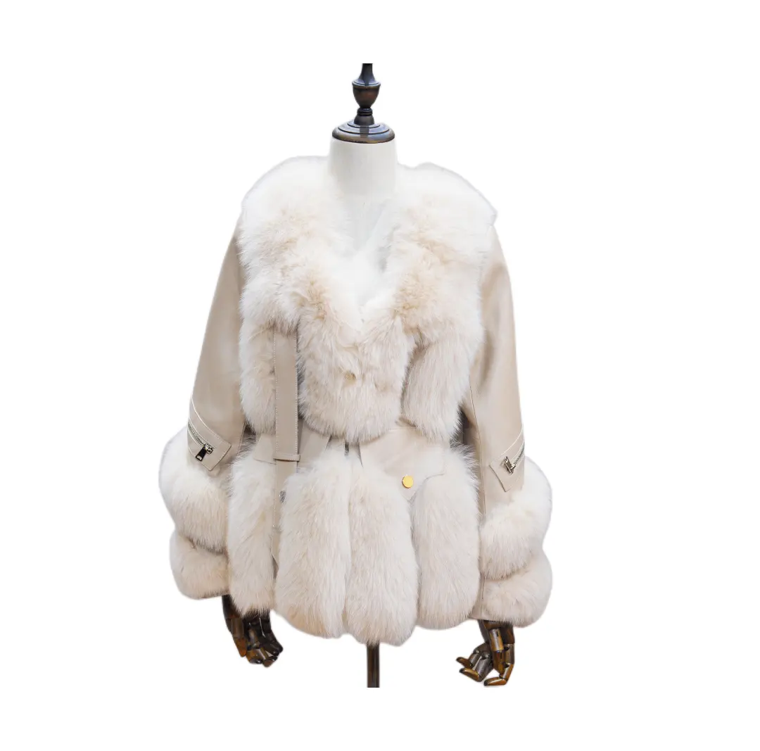 Custom logo Solid Color Chain Decoration real fox fur cut leather stylish zipper coat for women