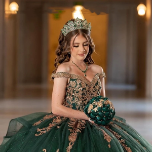 Glitter Sequined Emerald Green Ball Gown Quinceanera <strong>Dresses</strong> Gold Embroidered Appliques Sweet 15 <strong>16</strong> <strong>Birthday</strong> Prom Party Gowns - Product Image 4