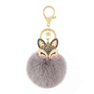 Nouveaux produits 2025 coloré strass perle tête de renard Imitation lapin boule de fourrure porte-clés tête de renard fourrure Pom Pom porte-clés - Product Image 1