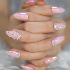 Nouveaux ongles chromés <span class=keywords><strong>avec</strong></span> <span class=keywords><strong>strass</strong></span> amande néon longueur moyenne <span class=keywords><strong>rose</strong></span> luxe presse sur les ongles - Product Image 4