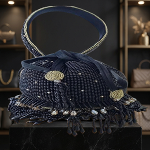 Sac Potli Noir Brodé de Perles de Qualité Supérieure avec Pompons, Fait Main, Élégant, pour Soirées et Mariages, Accessoire de Fête et de Mariage - Product Image 3