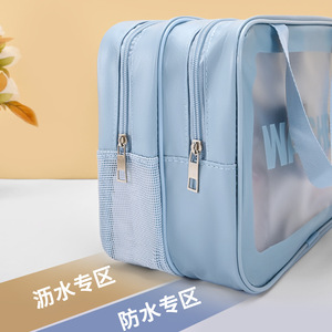 Pu Double Layer Cosmetic Bag Large Capacity Travel Toiletry Bag With Transparent Window Dry Wet Separation - Product Image 2
