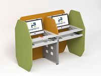 Furnitur kelas sekolah bingkai logam kayu, Set meja komputer ganda dan kursi dengan pemegang CPU