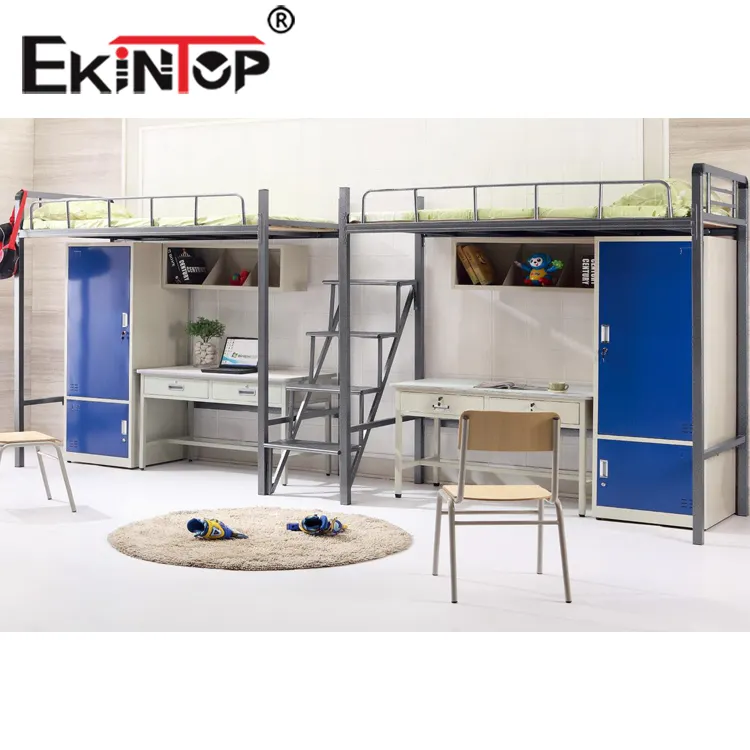 Ekintop Adult White Loft Bed With Desk Combination Bed Iron Sheet Student Staff Dormitory Bunk Beds With Stairs