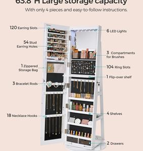 <span class=keywords><strong>Armoire</strong></span> <span class=keywords><strong>à</strong></span> <span class=keywords><strong>bijoux</strong></span> avec miroir sur pied brillant, verrouillable, pivotant <span class=keywords><strong>à</strong></span> 360 degrés, avec éclairage LED - Product Image 3