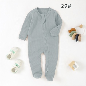 Jumpsuit bayi katun organik 100%, Romper bayi pola cetak Solid rajut bergaris - Product Image 6