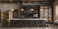 Plan de design d'intérieur pour lounge industriel style Speakeasy, comptoir de bar rustique pour pub et restaurant, ensemble table et chaises de bar confortables et comptoir de bar