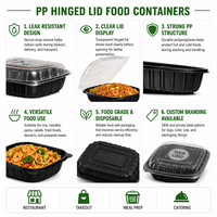 Boîte alimentaire jetable en plastique PP avec couvercle noir et transparent, type clamshell, recyclable, pour plats à emporter