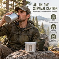 Kit de camping tactique portable, style US, gourde en aluminium camouflage, ensemble de 3 ustensiles de cuisson pour la survie et la randonnée