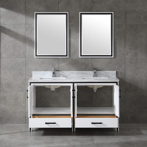 White Farmhouse Solid Wood Double Sink <b>Bathroom</b> <b>Vanity</b> with Two Mirrors Freestanding Cabinet Carrara Marble Top 4 Doors 2 Drawer - Product Image 2