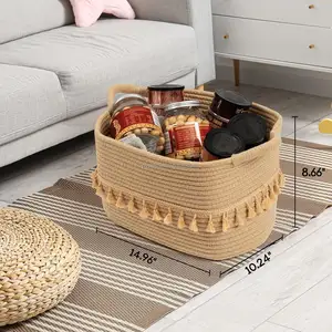 Eco- Friendly Macrame Laundry Hampers Belly Cotton Rope Storage Basket Blankets Rope Basket With Tassels For Sale