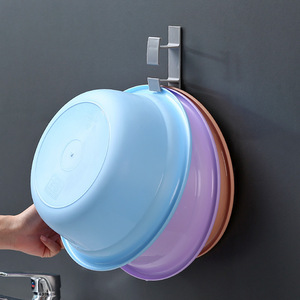 <b>Wall</b> Mounted Dish Bowl Holder Stainless Steel No Drill Kitchen Storage Rack Round Adhesive <b>Hook</b> White And Gray - Product Image 1