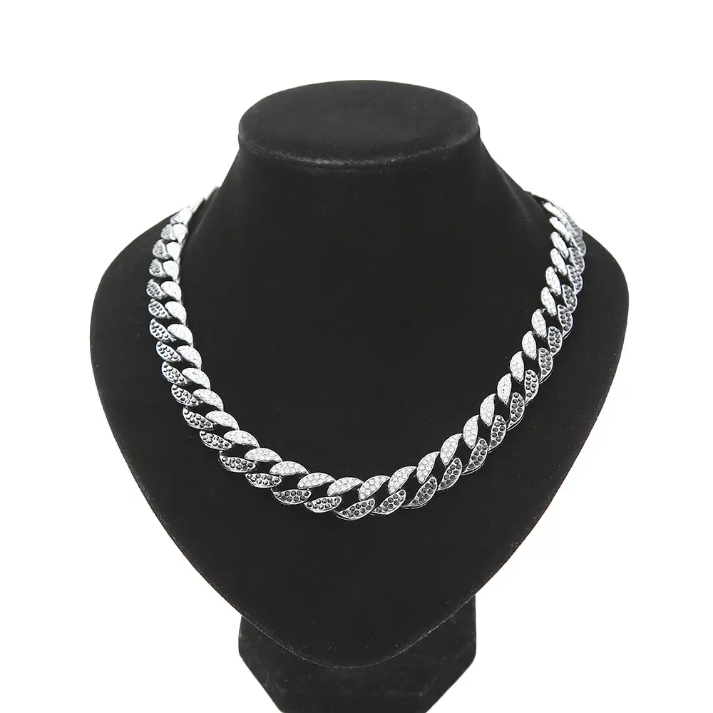 Or Standard China Wholesale Men's Hot Sale 15mm Black Diamond Cuban Link Chain Man Black Necklace 24inch 15mm Silver Cuban Chain