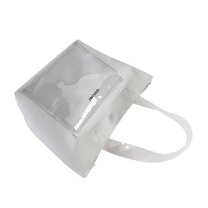 Sac fourre-tout portable d'été pour la plage et l'extérieur, imperméable, avec logo personnalisé, en toile cirée blanche, à double poignée, pour le shopping, en PVC épais enduit - Product Image 5