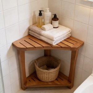 Tabouret de salle de bain triangulaire en teck, profondeur 39,4 cm, double couche avec étagère de rangement, siège de douche imperméable - Product Image 2