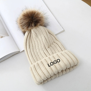 <strong>Pom</strong> <strong>Pom</strong> <strong>Beanies</strong> With Logo <strong>Custom</strong> Embroidery Big Bone Rib Knitted Winter Hats - Product Image 3