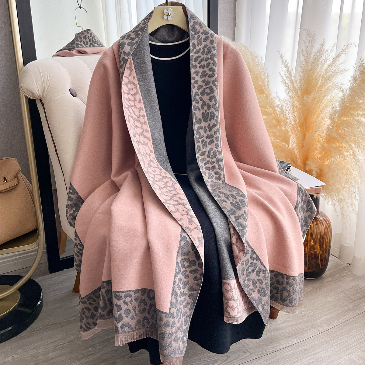 Écharpe Châle Pashmina GFM - Motif Floral, Peau De Serpent, Léopard - Argent 9326 - Longueur 180 Cm + Pompons, Largeur 70 Cm