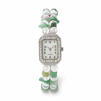 Montre-bracelet vintage en argent avec pierres vertes et perles, cadran rectangulaire en quartz et strass pour femme, bijoux, OEM ODM