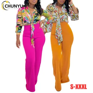 Women's Plus Size Printing Lapel Long Sleeve Shirt Top Stretchy High Waisted Button-Down Wide Leg Pants Two Pieces Set