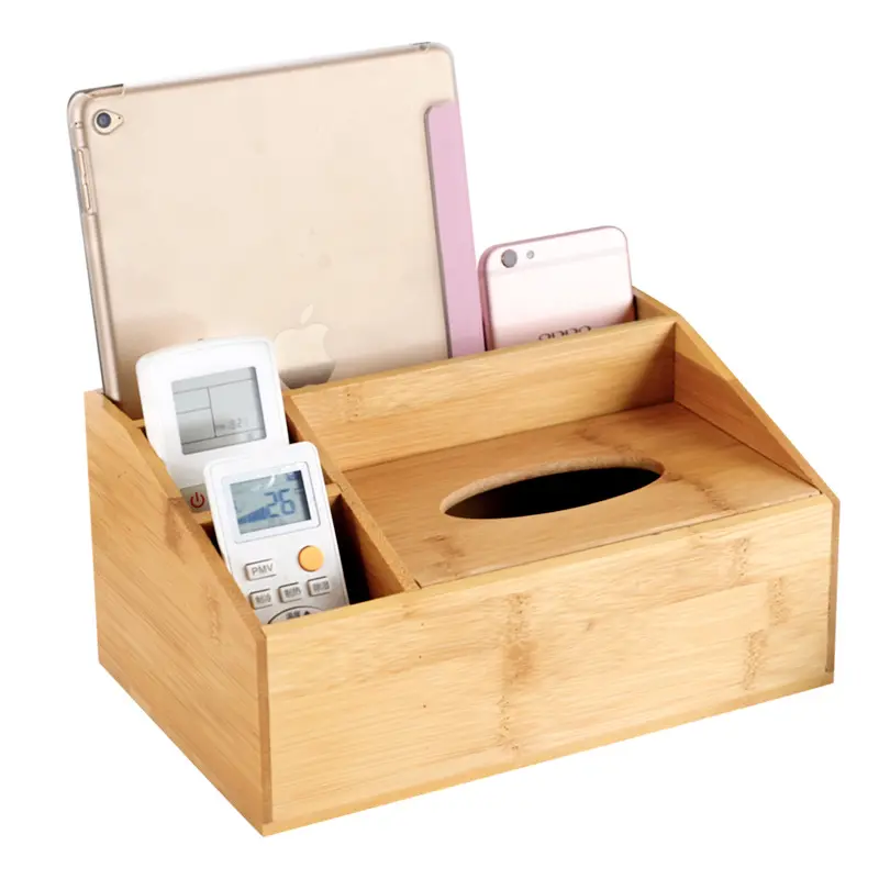 Eco-friendly customized design Wood stationery Paper Holder desk organizer Bamboo tissue box with divider storage