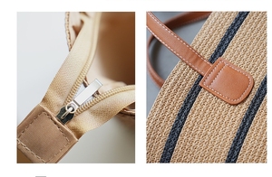 Sac fourre-tout en paille tressée pour femme avec fermeture éclair, grande capacité, sac seau à rayures tendance, sac à bandoulière pour la plage, les voyages et l'usage quotidien - Product Image 2