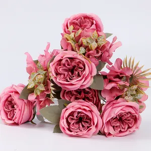 Wholesale 9-Head Austin Rose Artificial Rose Flowers Fabric Flowers Bouquet for Valentine's Day Wedding Decor