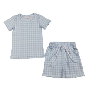 Conjunto de Ropa Casual de 2 Piezas para Bebé Niño, Camiseta y Pantalones Cortos de Algodón con Spandex/Poliéster, Estampado a Cuadros de Color Sólido, Estilo Boutique RTS, para Primavera y Otoño - Product Image 1
