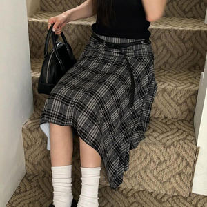 Vintage <b>Plaid</b> Irregular <b>Midi</b> <b>Skirt</b> Women High Waist Slim Fit A-Line <b>Skirt</b> Asymmetrical Hem Design Fashion Versatile <b>Skirt</b> - Product Image 2
