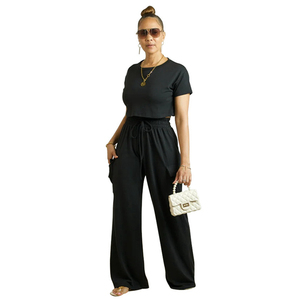 Canal prêt à expédier à manches courtes femmes correspondant haut court et pantalon à jambes larges ensemble avec poches <span class=keywords><strong>Cargo</strong></span> tenues d'été 2024 - Product Image 5