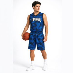 Ensemble Maillot et Short de Basketball Personnalisé Camouflage Bleu pour Homme – Tenue de Sport Respirante en Polyester pour Équipe Adulte - Product Image 1