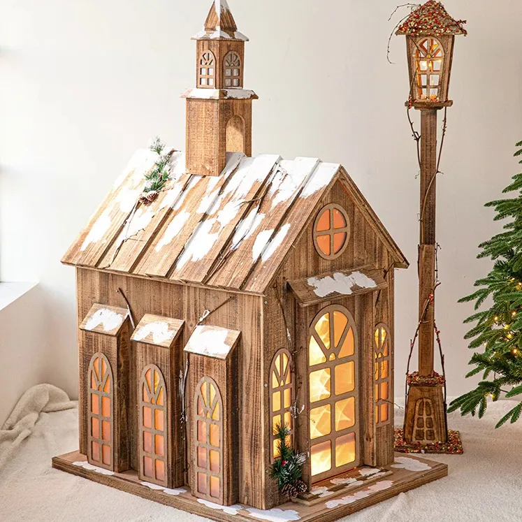 1m 2.1m 1.5m Luminous Large Christmas Wood House Christmas Wooden Craft Village Houses With Led Light