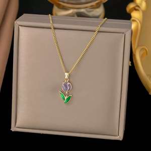 <span class=keywords><strong>Collana</strong></span> a catenina a forma di <span class=keywords><strong>tulipano</strong></span> in acciaio inossidabile con fiore di lusso Non sbiadito 18k placcato in vero oro smalto a goccia regalo - Product Image 6