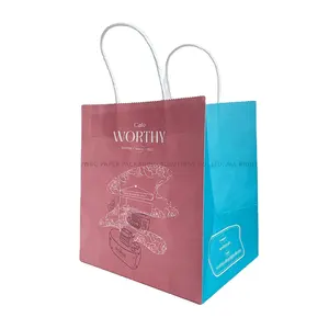 Custom Printing Artistic Cafe Bar Counter Image Printed Recyclable Pink&Blue Kraft Paper Bag with Handle Wavy Edge for Bakery