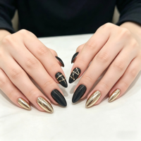 24 faux ongles noirs et dorés à presser, longs, forme stiletto, lignes géométriques, accents métalliques, réutilisables, pour doigts